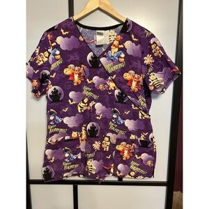 Disney Halloween Scrub Top Womans M Purple Winnie‎ The Pooh Tigger Piglet Spooky